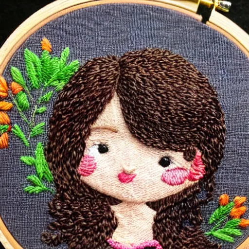 Image similar to a tiny beautiful handmade embroidery of a little girl with brown curly hair. hand embroidery.