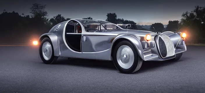 Image similar to a single bugatti type 5 7 sc atlantic and delorean hybrid, dslr, volumetric lighting