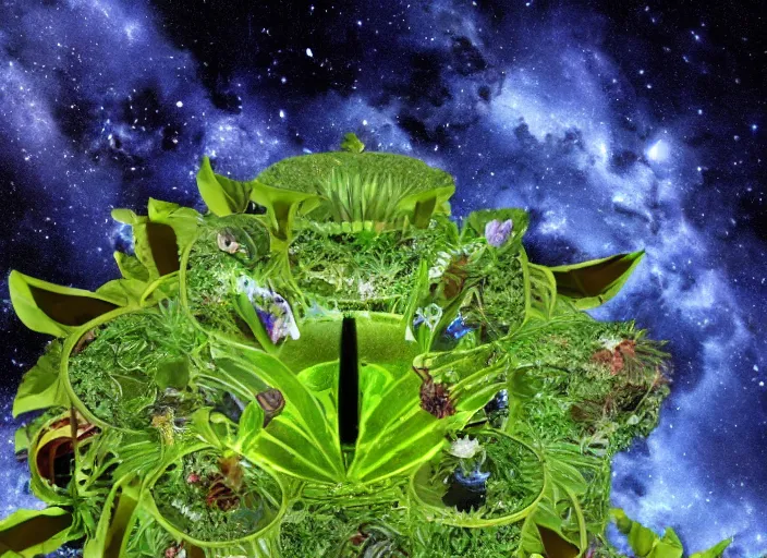 Prompt: an alien spacecraft made of plants, floating in a cosmic nebula
