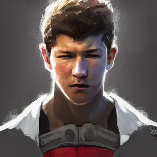 Prompt: portrait of a man by greg rutkowski, he looks like tye sheridan, he is about 2 0 years old, messy brown hair, tired eyes, he is wearing a black and white keblar superhero suit, highly detailed portrait, digital painting, artstation, concept art, smooth, sharp foccus ilustration, artstation hq