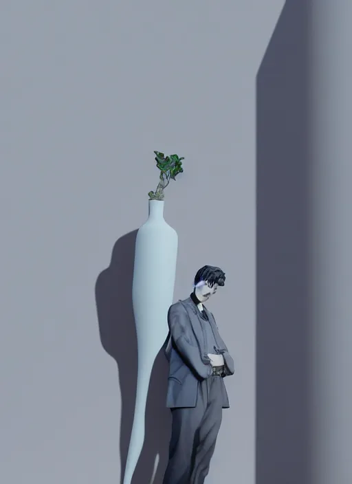 Image similar to a sculpture of a man standing next to a tall vase, a raytraced image by Hikari Shimoda, polycount, video art, vray tracing, ray tracing, rendered in unreal engine