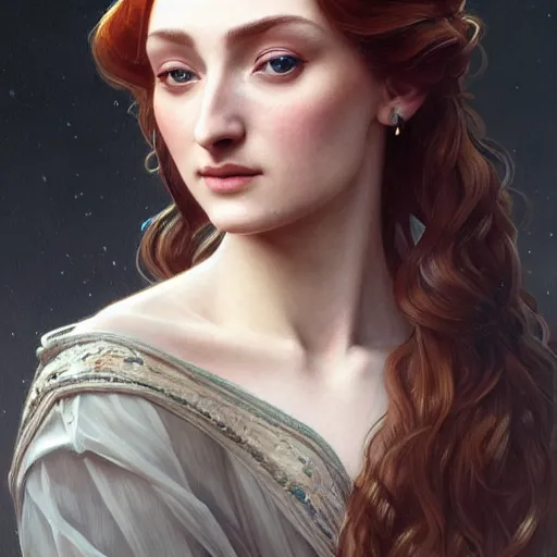 Image similar to portrait of sansa stark with long hair, intricate, elegant, highly detailed, digital painting, artstation, concept art, smooth, sharp focus, illustration, art by artgerm and greg rutkowski and alphonse mucha and william - adolphe bouguereau