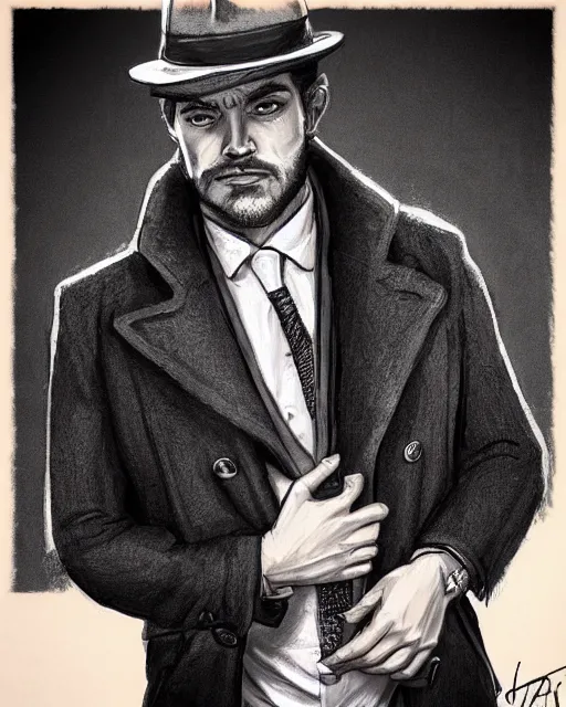 Image similar to portrait of a detective, zoomed in, noir, fedora, tweed coat, confident, handsome, heavy shading, vintage, high quality, by artgerm, artstation, ( ( ( by ilya repin ) ) )