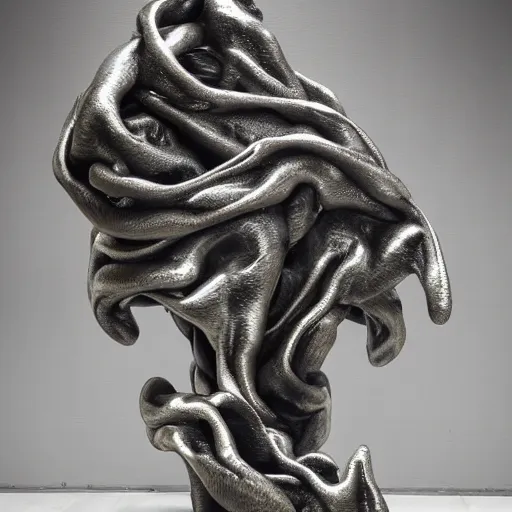 Image similar to liquid forms in metal abstract sculpture cyberpunk on concrete