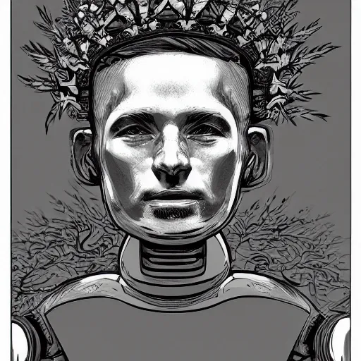 Image similar to a portrait of a robot with a crown of laurels drawing in high resolution by otto eerelman