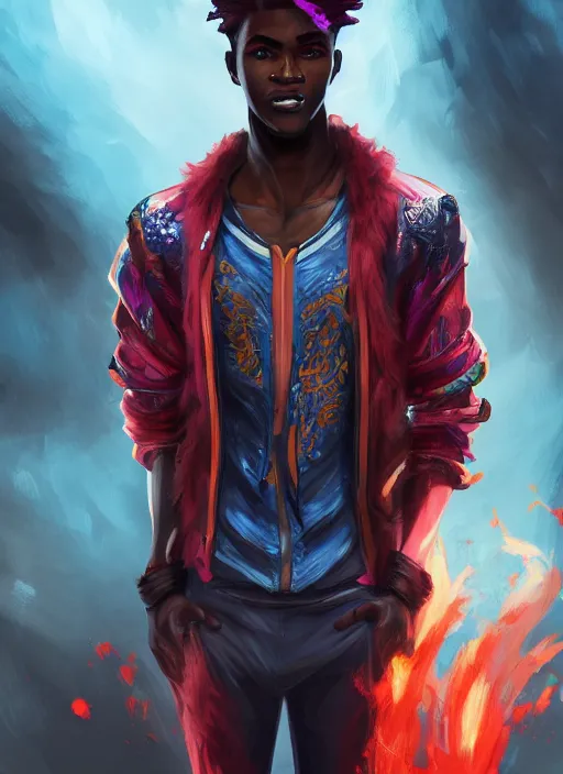 Image similar to a highly detailed illustration of attractive young african guy with flaming hair wearing tracksuit, dramatic standing pose, intricate, elegant, highly detailed, centered, digital painting, artstation, concept art, smooth, sharp focus, league of legends concept art, wlop