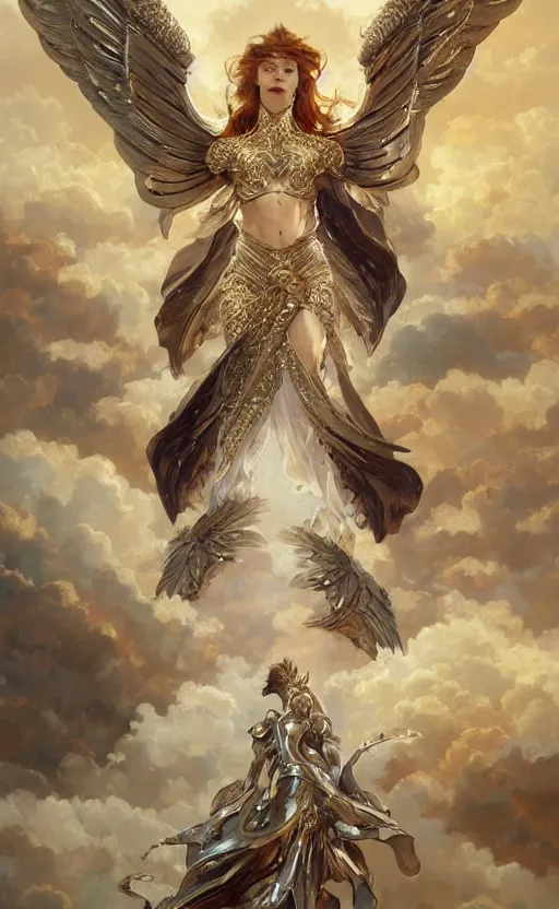 Image similar to A beautiful and fierce angel wearing fancy metallic battle armor and wings among heavenly clouds, intricate, elegant, highly detailed, digital painting, goden hour photography, artstation, concept art, smooth, sharp focus, illustration, art by artgerm and greg rutkowski and alphonse mucha