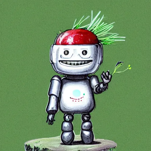 Image similar to cute little smiling robot with tomato hat and one chive in one hand, made in abyss style, standing on a forest