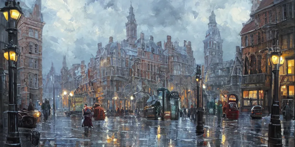 Image similar to beautiful painting of old London street scene painted by Leesha Hannigan, Ross Tran, Thierry Doizon, Kai Carpenter, Ignacio Fernández Ríos