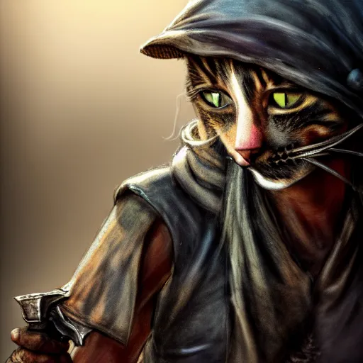 Image similar to a high detail shot of a dirty, homeless cat wearing rags, holstering sword, realism, 8 k, fantasy, d & d, concept art