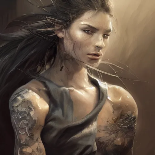 Image similar to tattoo design, a professional painting of a beautiful young female, partially clothed in battle armor, olive skin, long dark hair, beautiful bone structure, symmetrical facial features, intricate, elegant, digital painting, concept art, smooth, sharp focus, illustration, from Metal Gear, by Ruan Jia and Mandy Jurgens and Greg Rutkowski and Artgerm and William-Adolphe Bouguerea and artgerm, cat girl, anime