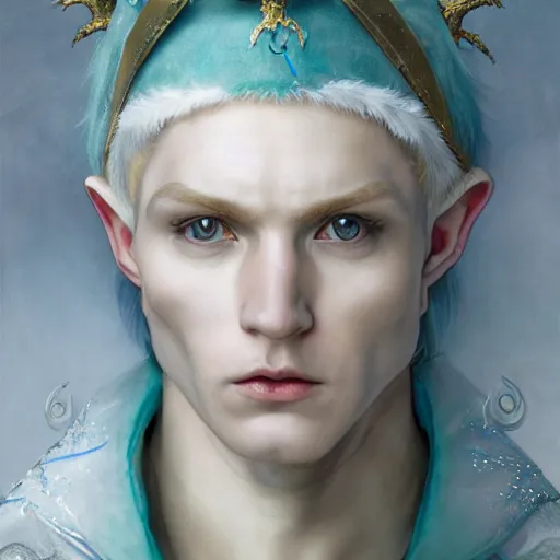 Image similar to an epic concept art of a handsome androgynous male snow elf with a bow in a turquoise cape and silver armour, albino skin, winter vibes, elegant, very coherent symmetrical artwork, by tomasz alen kopera and alphonse mucha, photorealistic, sharp focus, octane render, rtx, hdr, unreal 5, trending on artstation