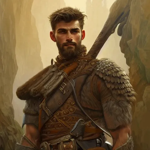 Prompt: portrait of a rugged ranger, handsome, upper body, muscular, 20 years old, D&D, fantasy, intricate, elegant, highly detailed, digital painting, artstation, concept art, matte, sharp focus, illustration, art by Artgerm and Greg Rutkowski and Alphonse Mucha