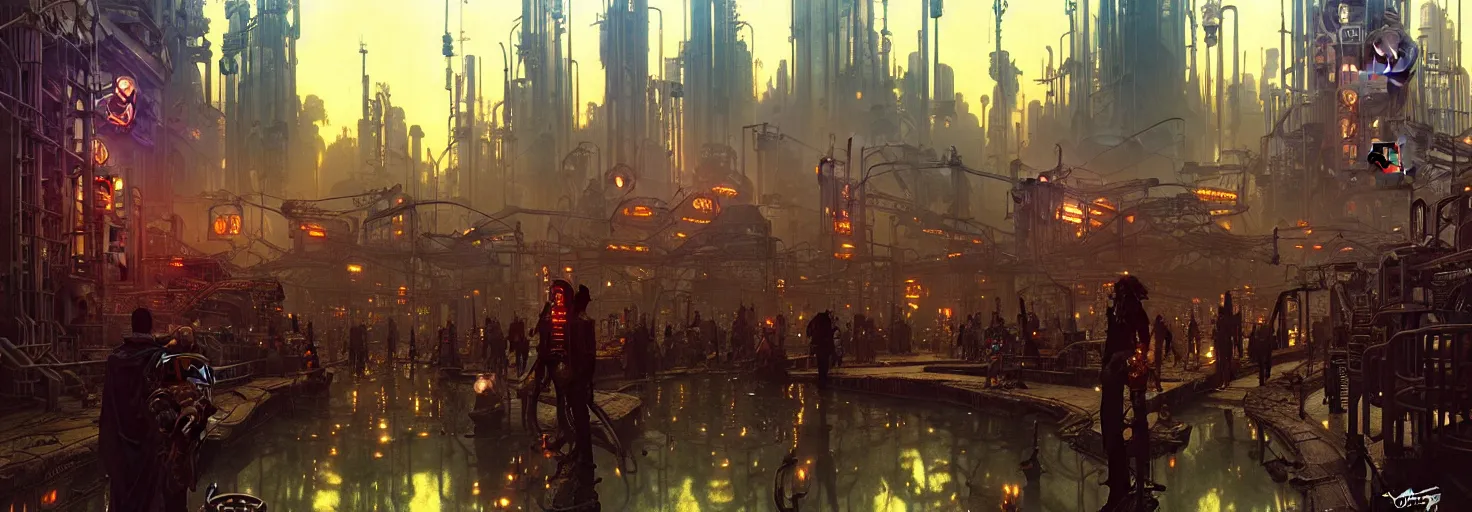 Prompt: steampunk cyberpunk city in a swamp, busy market, godrays, cinematic, poster art by james gurney, weta studio, lucasfilm jesper ejsing, norman rockwell, mucha, ilya kuvshinov, greg rutkowski frank frazzeta on artstation