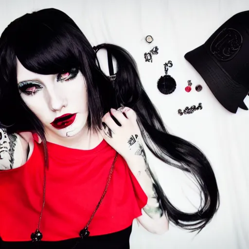 Image similar to portrait of a scene girl, emo outfit, black band t - shirt, red and black blocked blouse, white cap, makeup, jewelry