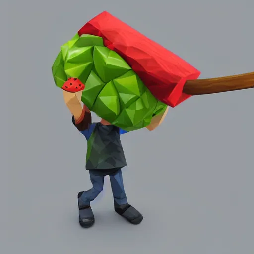 Prompt: vr game, axe in hand, variety of fruits on the front view, low poly