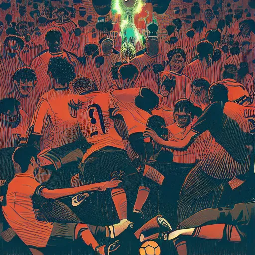 Image similar to illustration of soccer emotions, by Victo Ngai and James Gilleard and Bruce Pennington