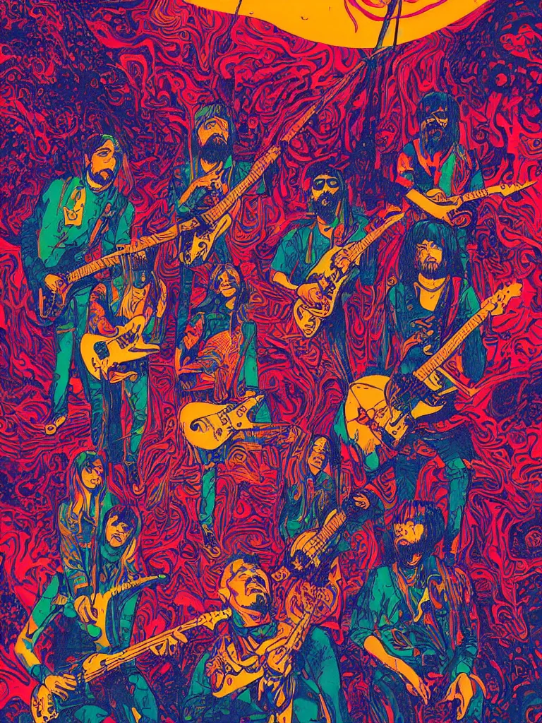Prompt: a psychedelic poster of khruangbin trio musicians by james jean, paul lehr, krizpii, christian orrillo, risography print,