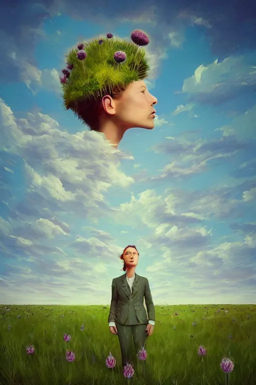 Image similar to portrait, enormous thistle flower under the head, a girl in a suit in field of flowers, surreal photography, sunrise, blue sky, dramatic light, impressionist painting, digital painting, artstation, simon stalenhag