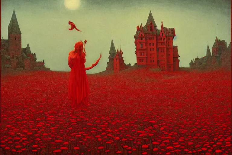 Image similar to only with red, red flowers of different types, a red tiger, a castle in the background, medieval demons dance over the flowers, an ancient path, in the style of beksinski, part by hopper, part by rodcenko, part by hofbauer, intricate composition, red by caravaggio, insanely quality, highly detailed, masterpiece, red light, artstation