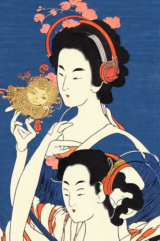 Image similar to godess with headphones, by katsushika hokusai, by ralph steadman, storybook illustration, cool color palette, in a symbolic and meaningful style, space sci - fi of ancient religion