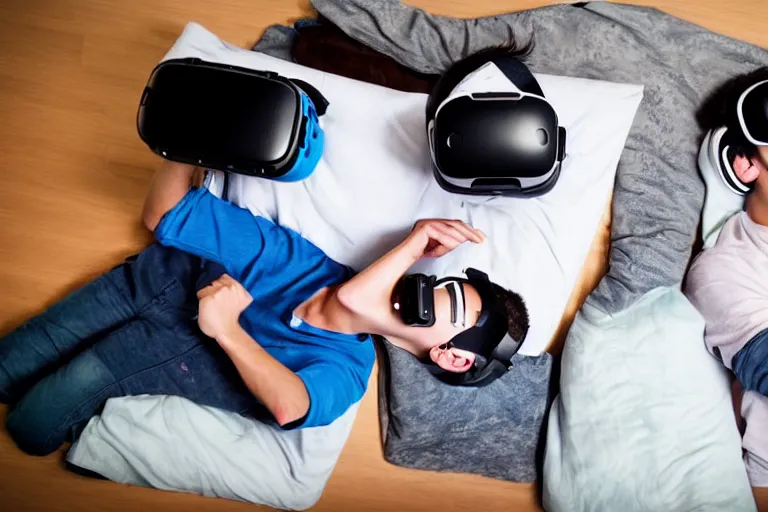 Image similar to An aerial stock photo of two teenage boys laying in bed, with a bunch of stuff, wearing a VR-headset, featured on flickr, cluttered room