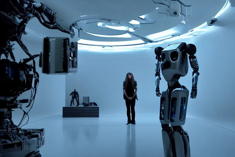 Image similar to vfx film, behind the scenes, on location, set design, making of, big film production, cinematographer filming futuristic tesla humanoid robots, high tech space ship interior, flat color profile low - key lighting award winning photography arri alexa cinematography, hyper real photorealistic cinematic, atmospheric cool colorgrade