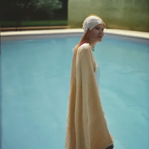 Image similar to woman wearing a wire and linen cloak standing in a pool, kodak vision3 500t,