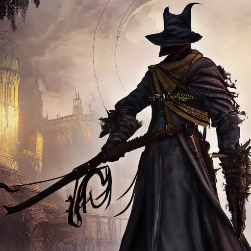 Image similar to an ultradetailed animation of the hunter from bloodborne dressed as darkwing duck, let's get dangerous, in the style animation of darkwing duck, digital art, dark fantasy, concept art, soulslike, by alphonse mucha, blood moon eclipse, wherewolves in a ruined building in the background, artstation, 8 k, unreal engine render