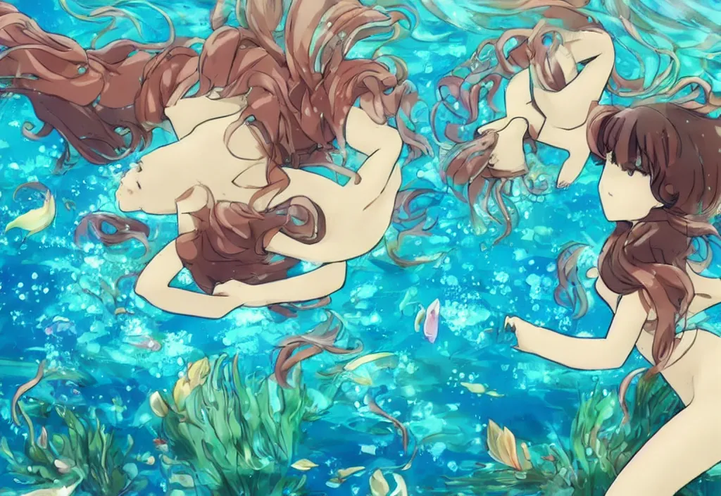 Image similar to youtube lofi anime girl looking out of window underwater with mermaids