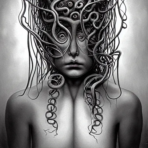 Prompt: very sad medusa, crying, tubular creature, blood vesels, no face, dystopian surrealism, art style alex ries giger, zdzisław beksinski, symmetry accurate features, very intricate details, high resolution, 4 k, intricate, sharp