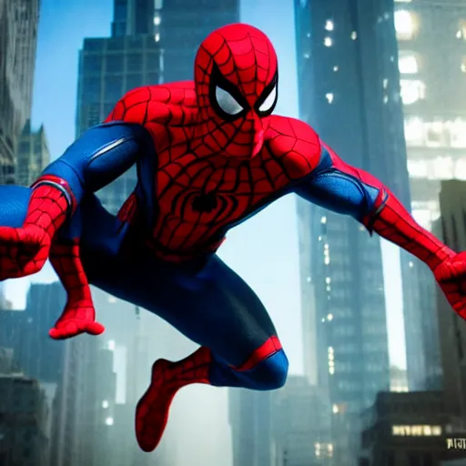 Image similar to ryan reynolds as spider - man, cinematic, volumetric lighting, f 8 aperture, cinematic eastman 5 3 8 4 film, photorealistic