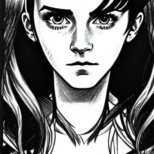 Image similar to a very detailed pencil drawing of emma watson in demon slayer manga panel 4 k, high resolution, still, landscape, hd, dslr, hyper realistic, manga, beautiful