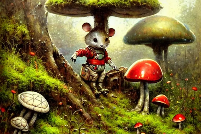 Image similar to adventurer ( ( ( ( ( 1 9 5 0 s retro future robot android mouse in forrest of giant mushrooms, moss and flowers stone bridge. muted colors. ) ) ) ) ) by jean baptiste monge!!!!!!!!!!!!!!!!!!!!!!!!! chrome red