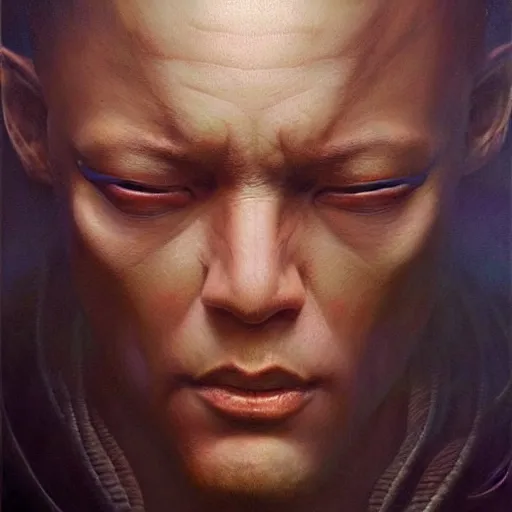 Prompt: a hyperrealistic acrylic portrait painting of morpheus by artgerm, beksinski and thomas kinkade. intricate details. believable eyes. tattoos on face. front on, symmetrical. epic fantasy art.