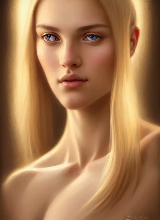 Image similar to face of feminine perfection!! portrait of young wife blessed by god with ever - increasing physical mental perfection, blonde, symmetrical! intricate, sensual features, highly detailed, biblical!! holy perfection!! digital painting, artstation, concept art, smooth, sharp focus, illustration, art by artgerm and greg rutkowski and alphonse mucha