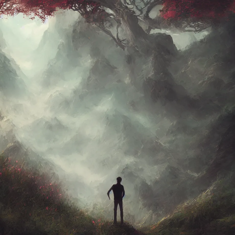 Image similar to man standing alone in nature,beautiful colours, digital art, concept art, fantasy art, highly detailed, HD wallpaper, artstation, Deviantart, abeyance