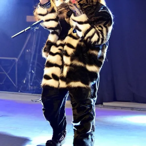 Prompt: post Malone dressing up as a cat girl, photograph on stage