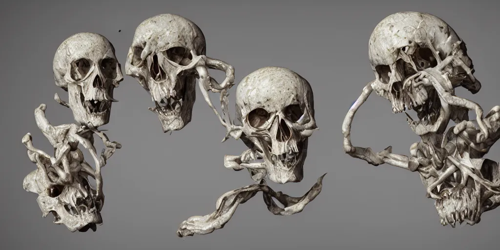 Image similar to photorealistic strange sculpture made of white bird skulls, by katrina van grouw and bruce mahalski. occult photorealism, uhd, amazing depth, glowing, golden ratio, 3 d octane cycle unreal engine 5, volumetric lighting, cinematic lighting, cgstation artstation concept art