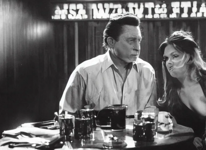 Image similar to a close - up, color cinema film still of a johnny cash talking to a beautiful hooters waitress drinking whiskey at hooters, ambient lighting at night.