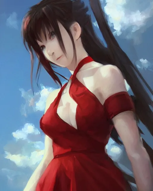 Image similar to elegant tifa lockhart in a red cottagecore dress, portrait, illustration, rim light, top light, summer clear blue sky, perfectly shaded, soft painting, art by krenz cushart and wenjun lin