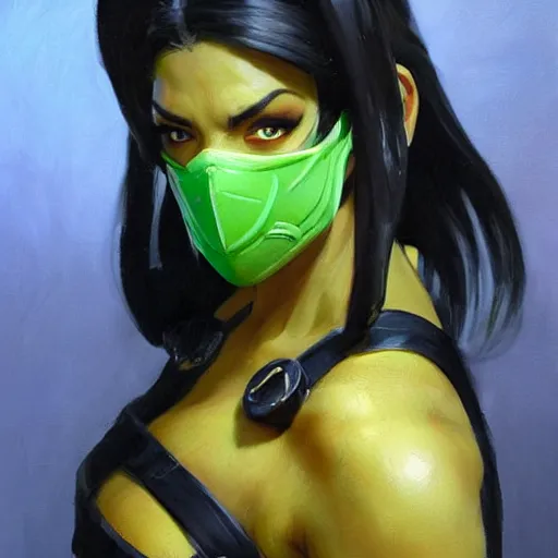 Image similar to greg manchess portrait painting of jade from mortal kombat wearing a halfmask as overwatch character, medium shot, asymmetrical, profile picture, organic painting, sunny day, matte painting, bold shapes, hard edges, street art, trending on artstation, by huang guangjian and gil elvgren and sachin teng