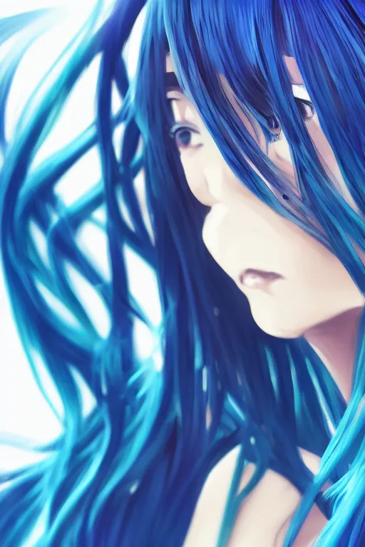 Image similar to close up portrait of an anime girl, blue long hair, by mai yoneyama, anime stile, cell shading, blurred background