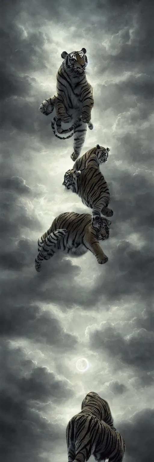 Image similar to a full side view Bengal Tiger walking parallel to 1950 3 storey plain block apparent, dramatic moonlight with some clouds, cinematic lighting, ultra detailed, highly detailed, sharp focus, scene et observed by 2 scaired blond European boys, photographic, art by artgerm and greg rutkowski and zdislav beksinski