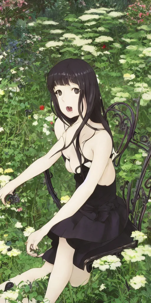 Image similar to a loli with long hair in a black dress sitting on a metal garden chair in the privet garden at afternoon, green and warm theme, back lighting, highly detailed, by krenz cushart and mucha and akihito yoshida and greg rutkowski and makoto shinkai and studio ghibli, detailed eyes, 4 k resolution, trending on art station