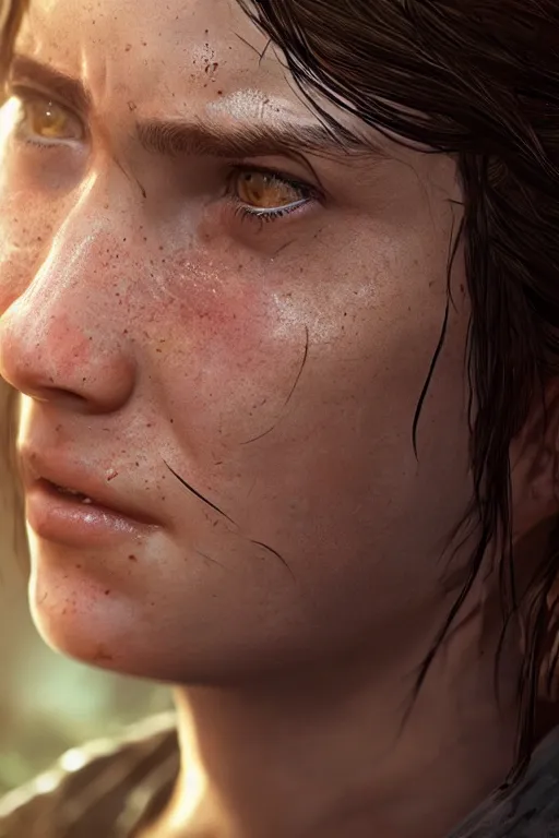 Image similar to portrait art of ellie from the last of us part 2, 8 k ultra realistic, digital art, character portrait, highly detailed, trending on artstation, lens flare, atmosphere, hyper realistic, cinematic lightning, sharp focus, unreal engine 5, extreme details perfect face, pretty face, fine - face, illustration, 8 k, ultra texture, masterpiece