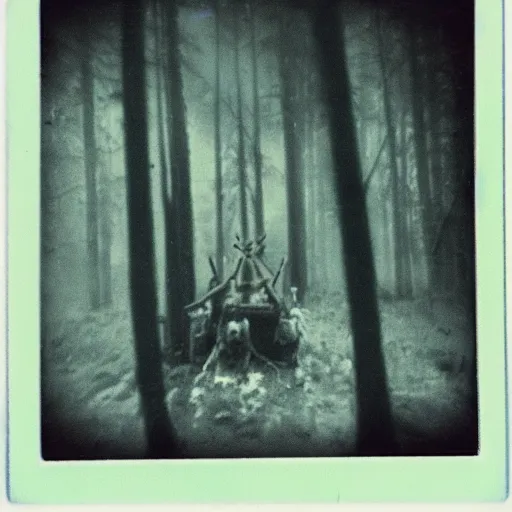 Image similar to occult human sacrifice in woods dark, Polaroid photo