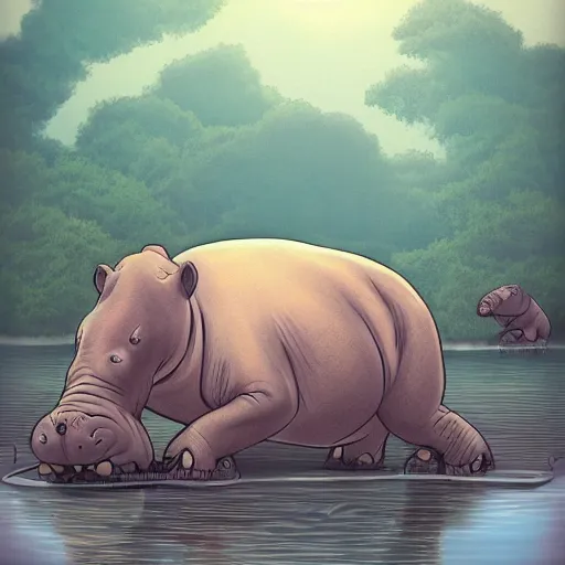 Image similar to very sad hippo waking up in a beautiful river landscape, birds flying, sunrise, drawn by brigette barager, intricate details, beautiful shading, emotional, trending on artstation