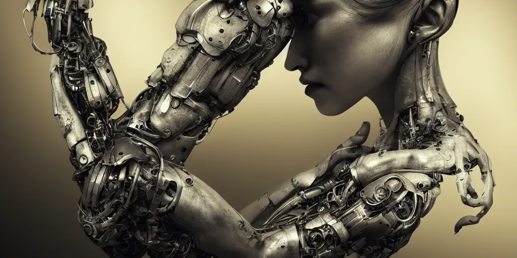 Prompt: hyperrealistic photography of a stunningly beautiful cyborg female, mechanical elbow, plated arm, intimate, holding hands, in the style of beth cavener, jin kagetsu,, and wlop, highly detailed, intricate, face symmetry, masterpiece, award - winning, sharp focus, concept art, high key, ambient lighting, 8 k, artstation