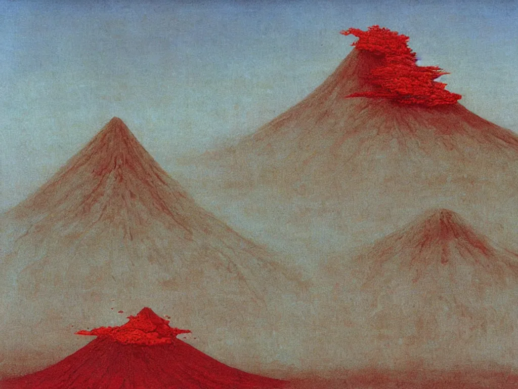 Image similar to Strange volcano made of cinnabar in the middle of the tsunami ocean. Painting by Beksinski, Roger Dean